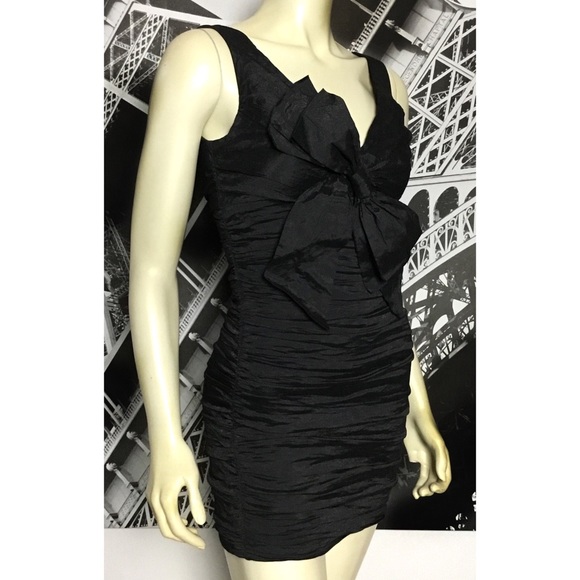 BCBGMAXAZRIA Black Ruched Mini Dress With Bow - Picture 3 of 5
